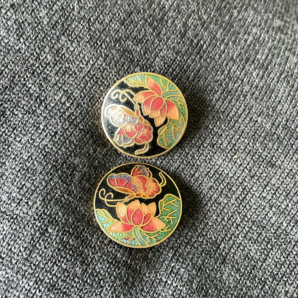 Vintage cloisonné clip on earrings flower and butterfly signed SG